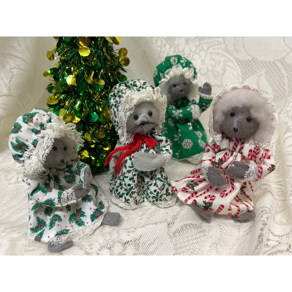 Set of‎ 4 Handmade Christmas Mice Figurines Winter Holiday Decor Collectible